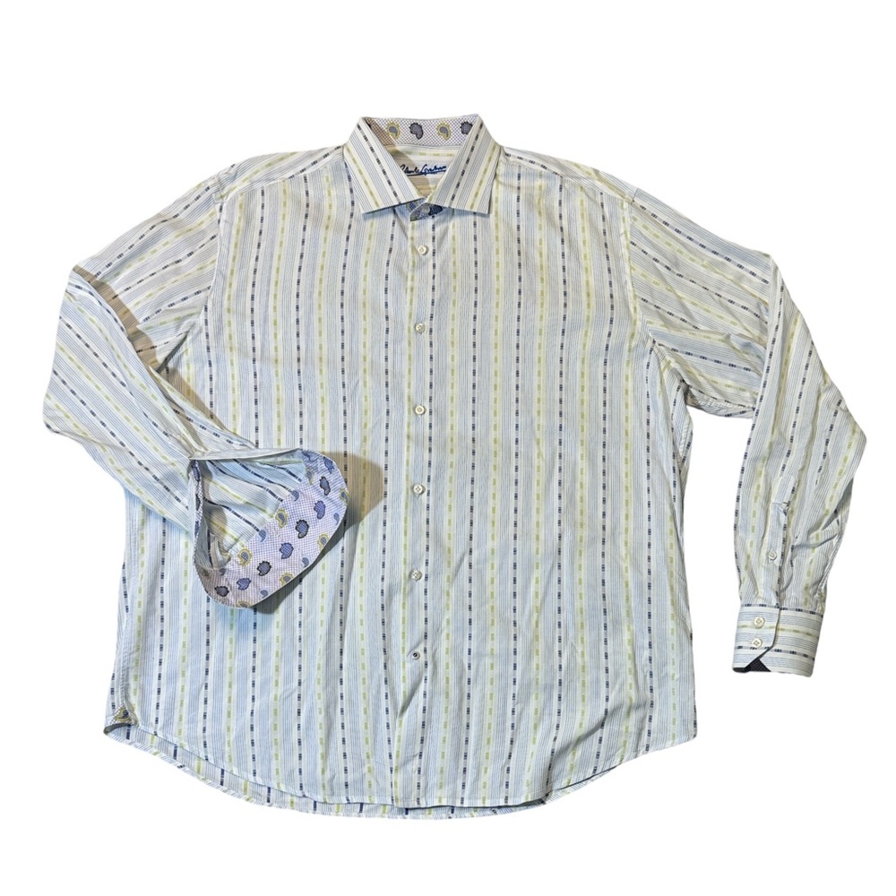 Robert Graham mens 17.5 44 XL green blue stripe flip cuff dress shirt EUC